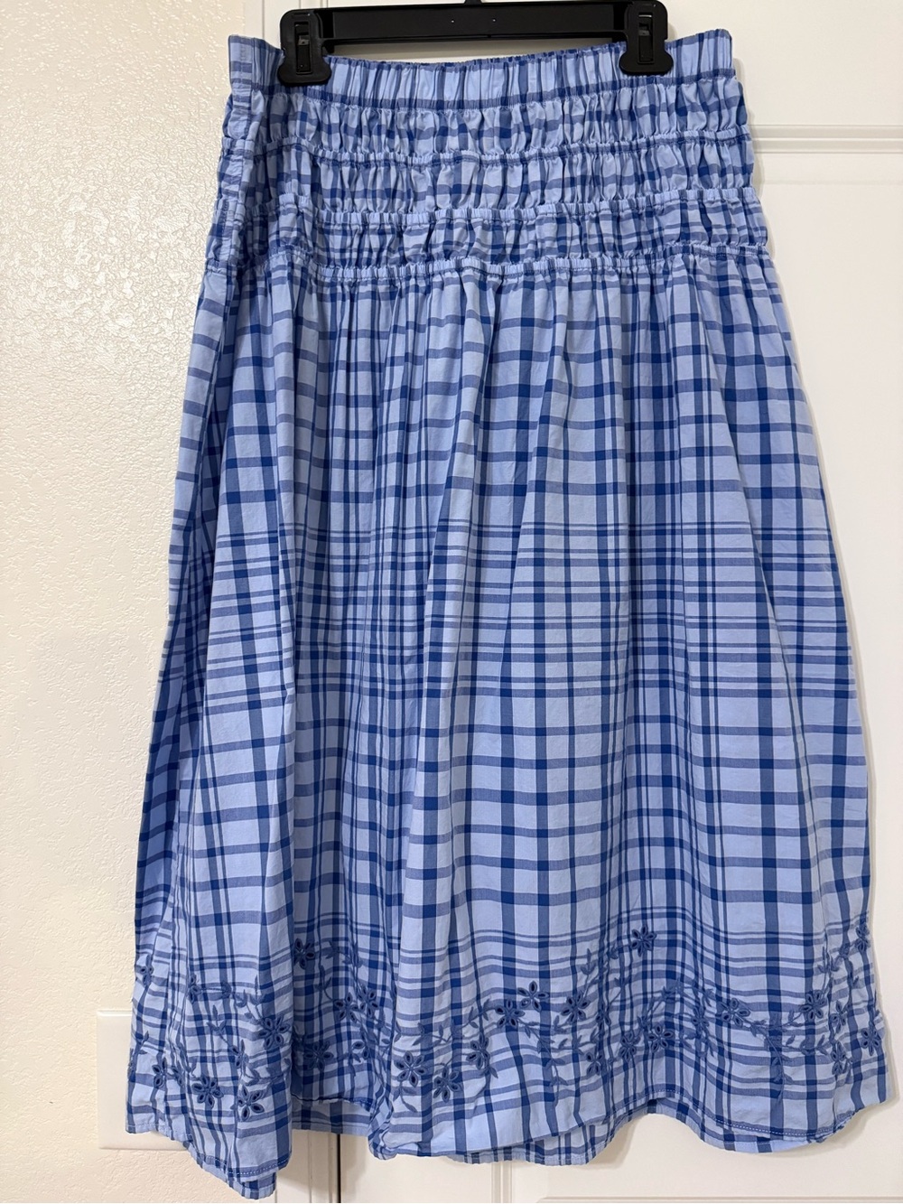 Smocked Waist Blue Plaid A-Line Skirt